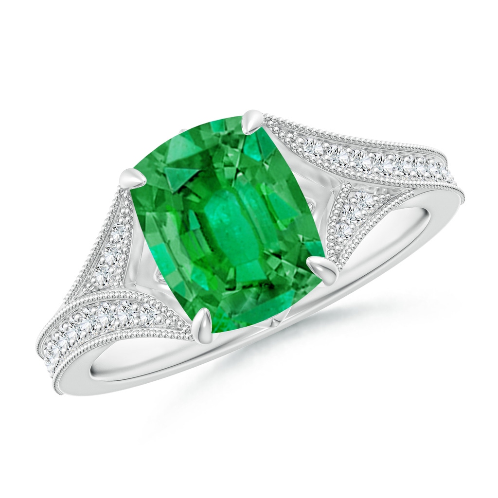 9x7mm AAA Vintage Inspired Cushion Rectangular Emerald Split Shank Engagement Ring in White Gold