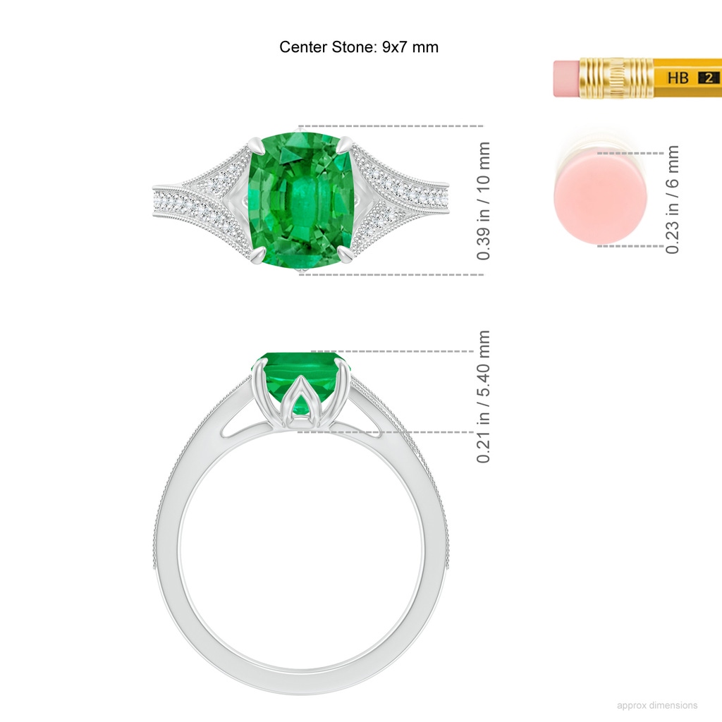 9x7mm AAA Vintage Inspired Cushion Rectangular Emerald Split Shank Engagement Ring in White Gold ruler