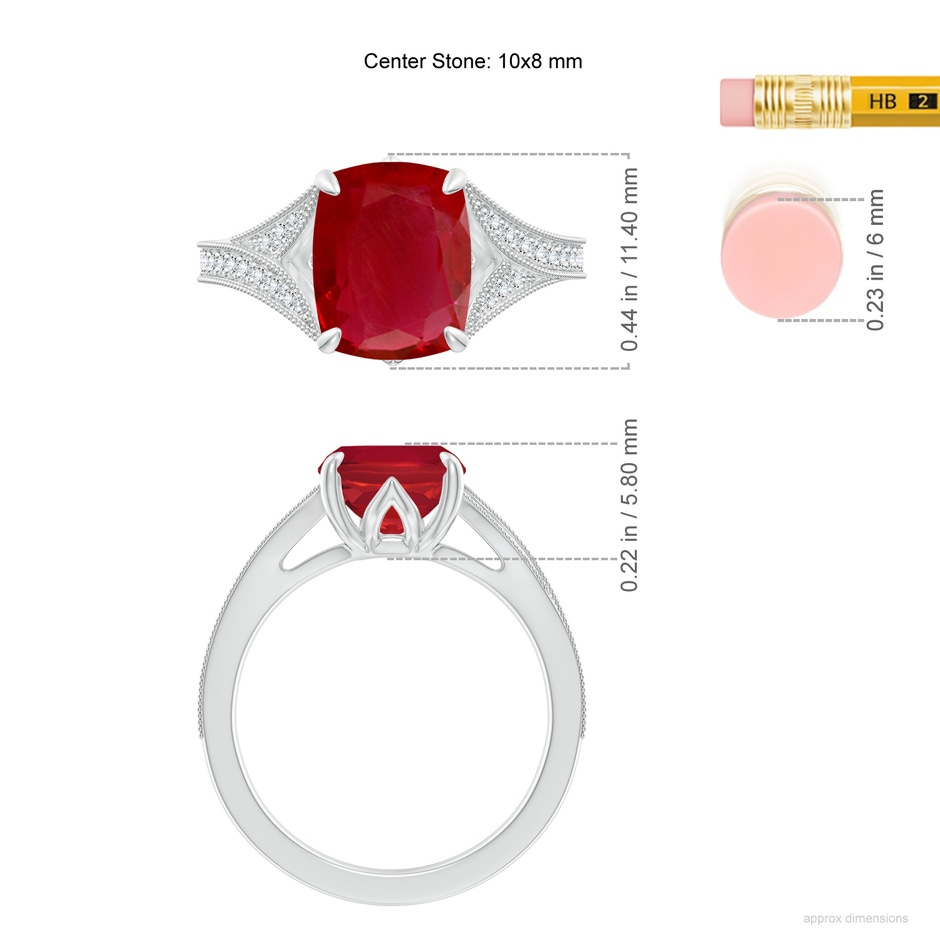 10x8mm AA Vintage Inspired Cushion Rectangular Ruby Split Shank Engagement Ring in P950 Platinum ruler