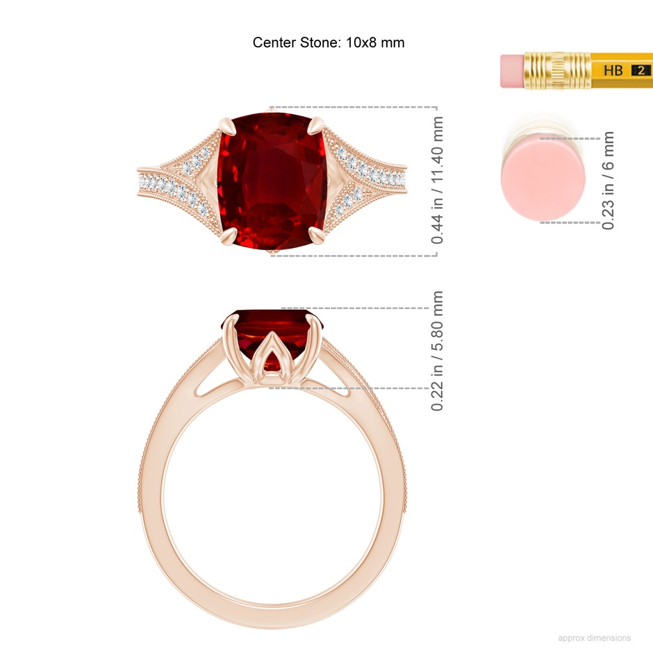 10x8mm AAAA Vintage Inspired Cushion Rectangular Ruby Split Shank Engagement Ring in 9K Rose Gold ruler