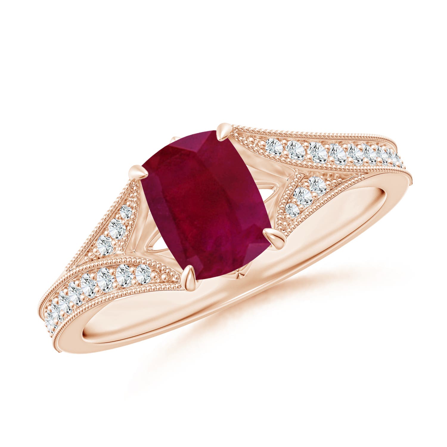 7x5mm A Vintage Inspired Cushion Rectangular Ruby Split Shank Engagement Ring in Rose Gold