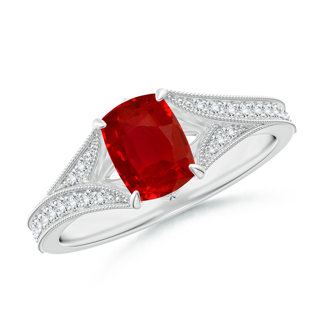 7x5mm AAA Vintage Inspired Cushion Rectangular Ruby Split Shank Engagement Ring in White Gold