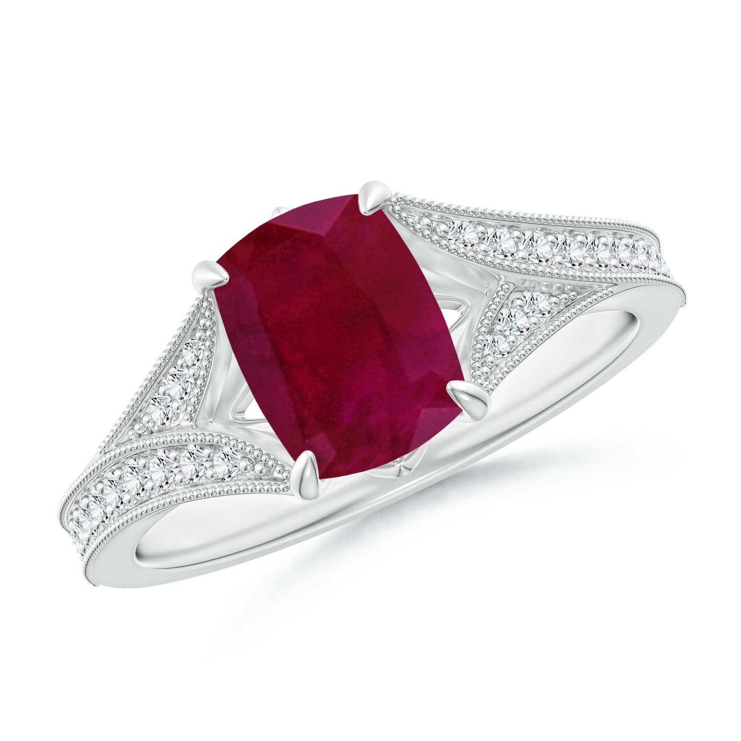 8x6mm A Vintage Inspired Cushion Rectangular Ruby Split Shank Engagement Ring in White Gold