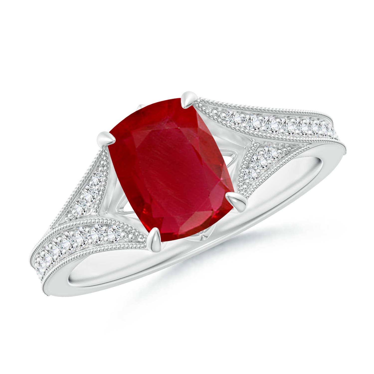 8x6mm AA Vintage Inspired Cushion Rectangular Ruby Split Shank Engagement Ring in White Gold