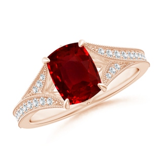 8x6mm AAAA Vintage Inspired Cushion Rectangular Ruby Split Shank Engagement Ring in Rose Gold