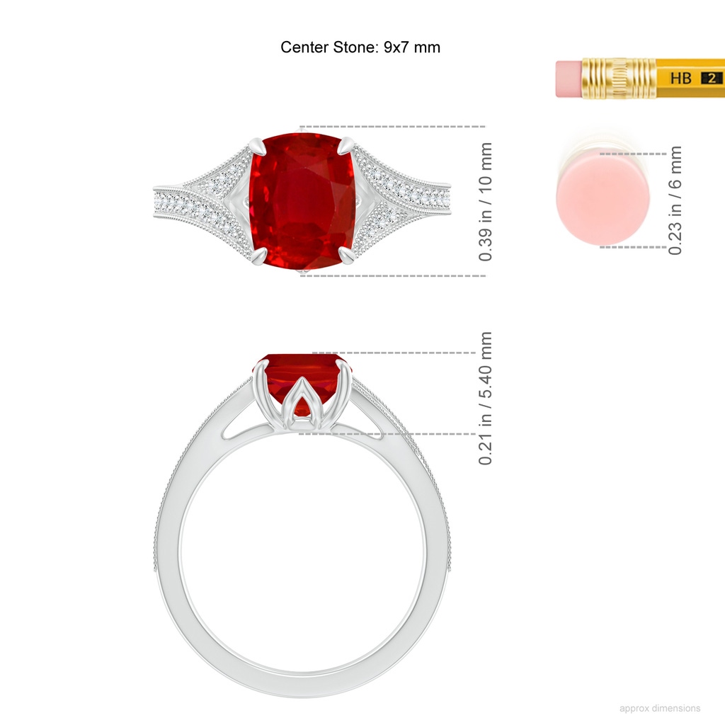 9x7mm AAA Vintage Inspired Cushion Rectangular Ruby Split Shank Engagement Ring in White Gold ruler