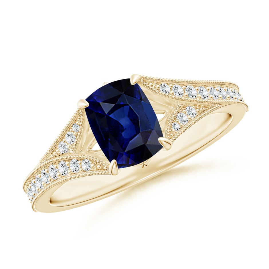 7x5mm AAA Vintage Inspired Cushion Rectangular Blue Sapphire Split Shank Engagement Ring in Yellow Gold 