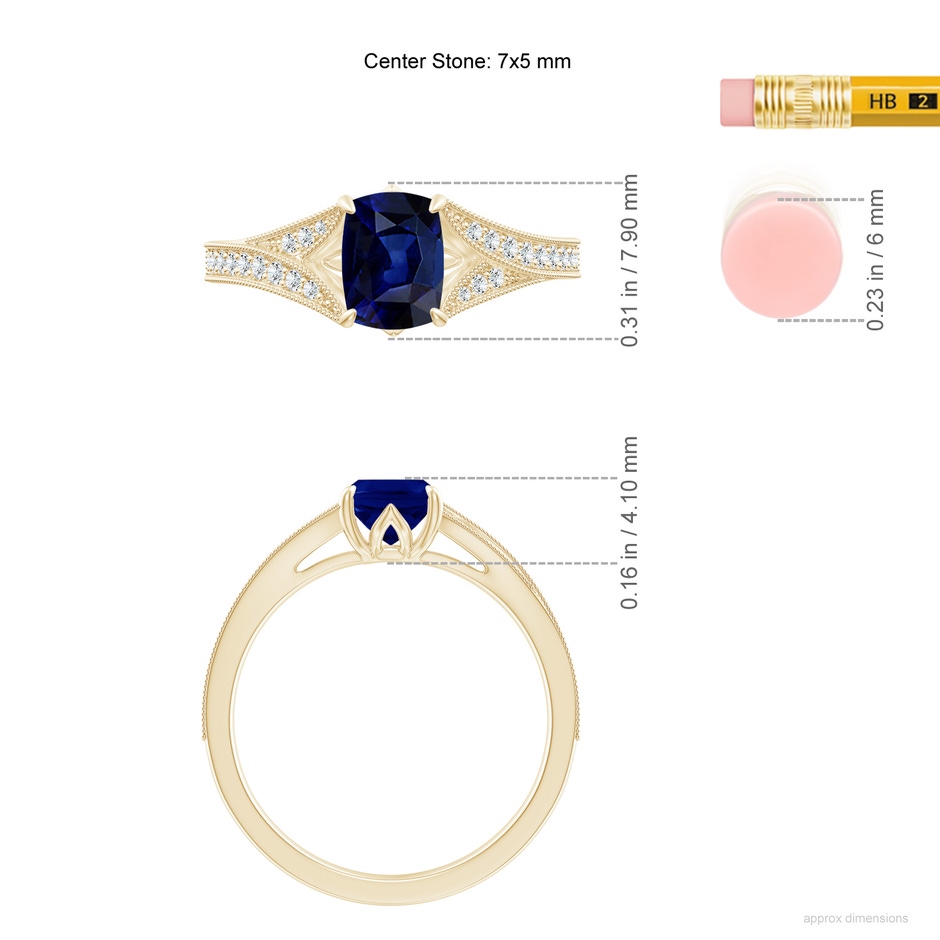 7x5mm AAA Vintage Inspired Cushion Rectangular Blue Sapphire Split Shank Engagement Ring in Yellow Gold ruler