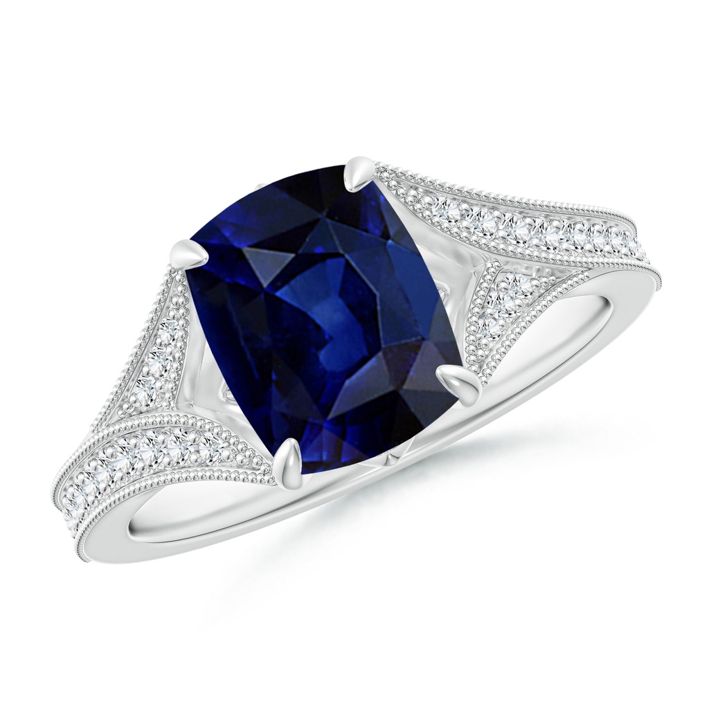 9x7mm AAA Vintage Inspired Cushion Rectangular Blue Sapphire Split Shank Engagement Ring in White Gold