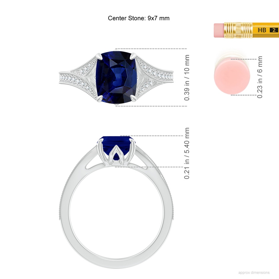 9x7mm AAA Vintage Inspired Cushion Rectangular Blue Sapphire Split Shank Engagement Ring in White Gold ruler