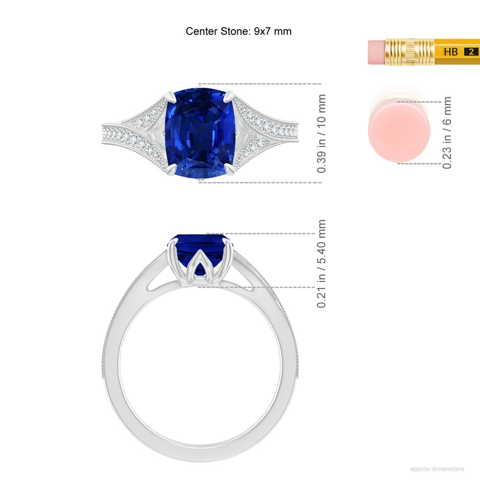 9x7mm Lab-Grown Vintage Inspired Cushion Rectangular Blue Sapphire Split Shank Engagement Ring in White Gold ruler