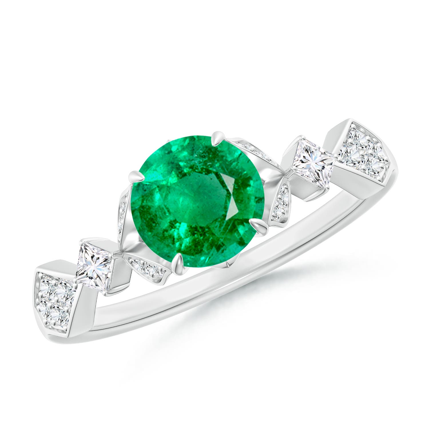 6.5mm AAA Vintage Style Round Emerald Engagement Ring with Leaf Motifs in White Gold