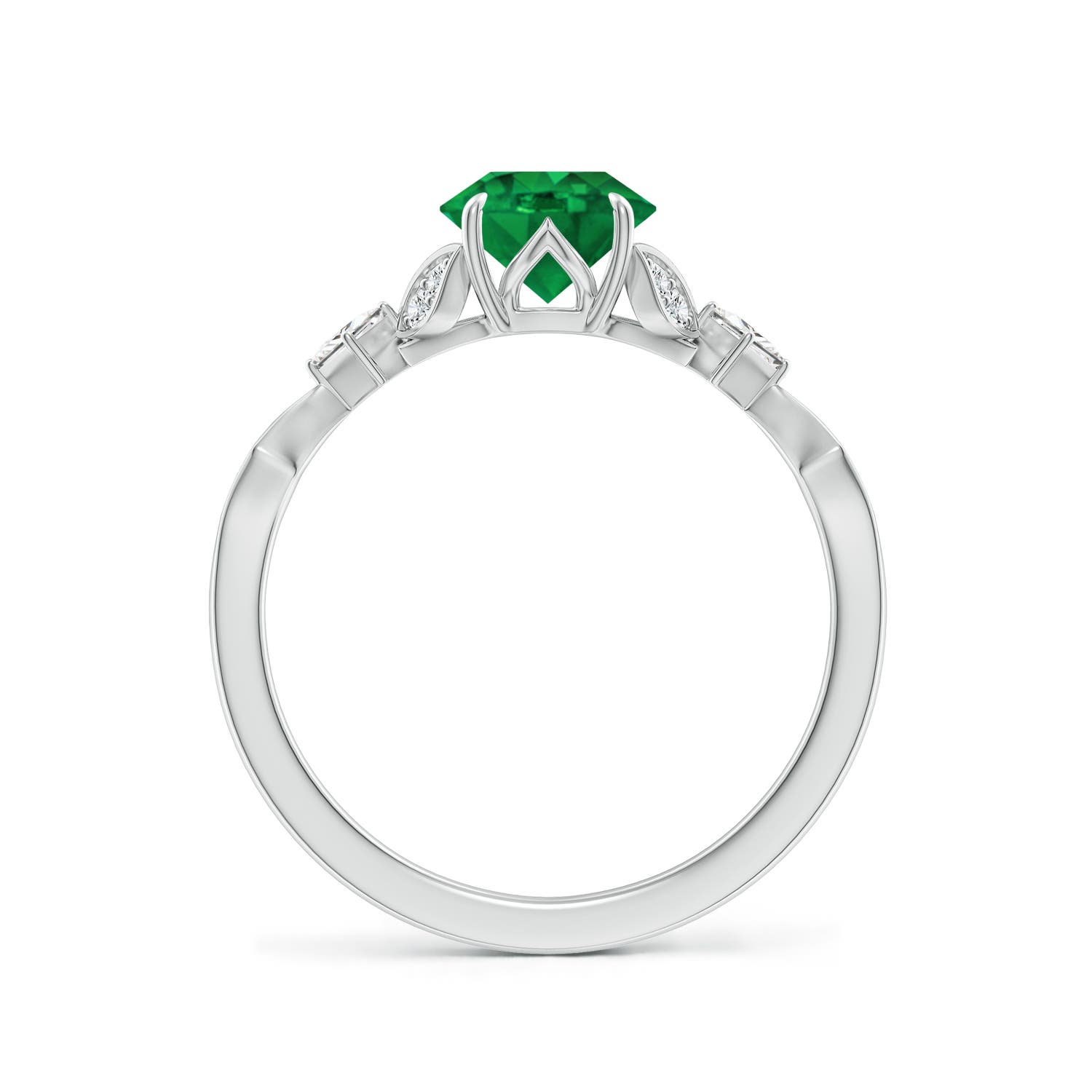 6.5mm AAA Vintage Style Round Emerald Engagement Ring with Leaf Motifs in White Gold