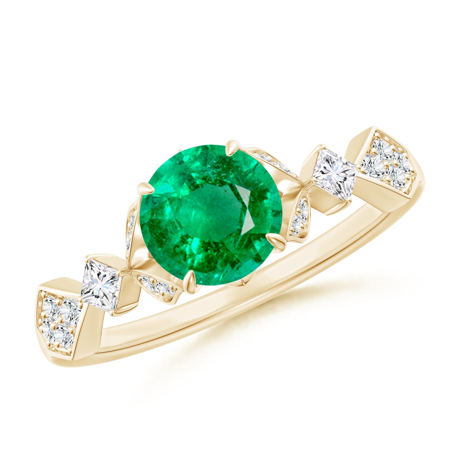 6.5mm AAA Vintage Style Round Emerald Engagement Ring with Leaf Motifs in Yellow Gold