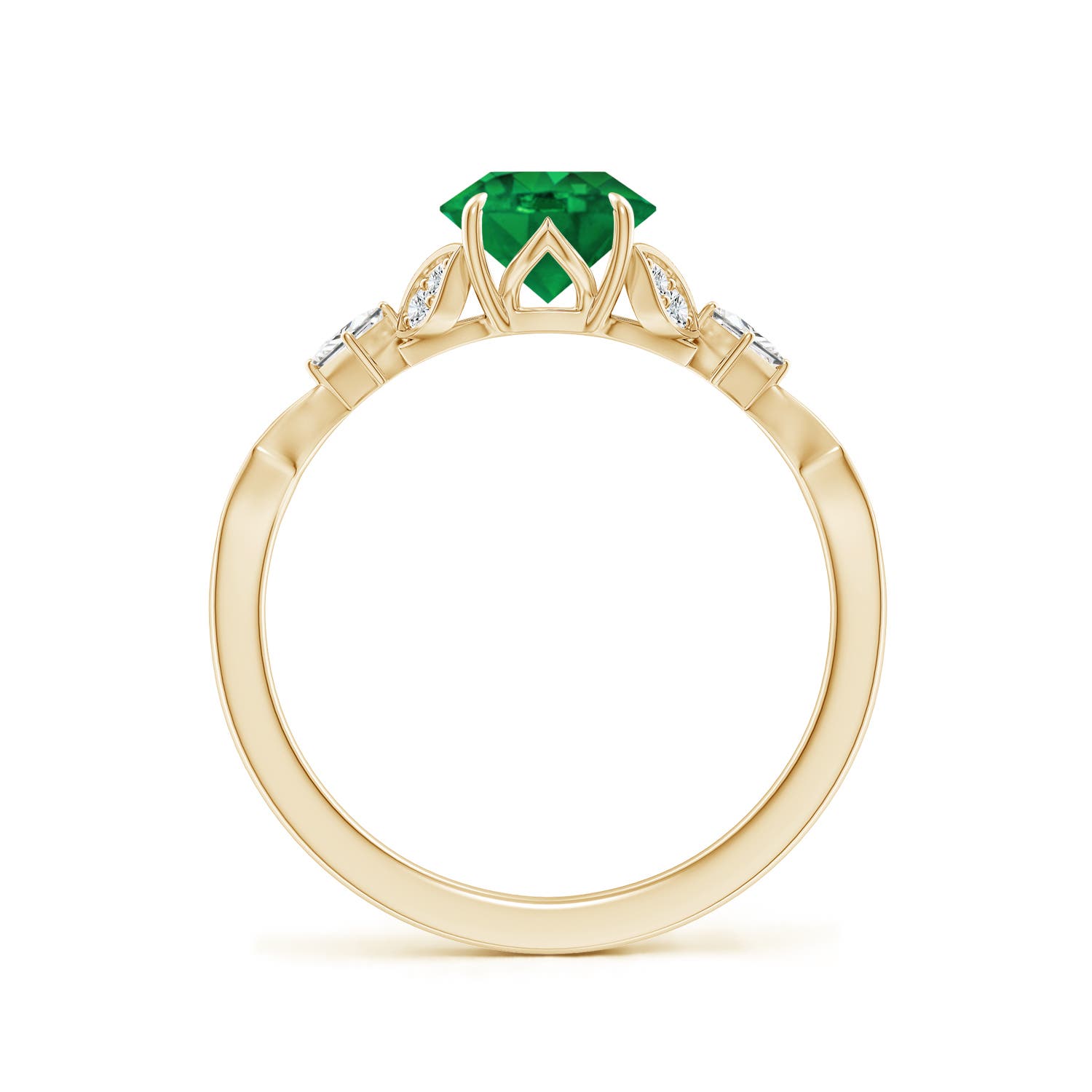 6.5mm AAA Vintage Style Round Emerald Engagement Ring with Leaf Motifs in Yellow Gold