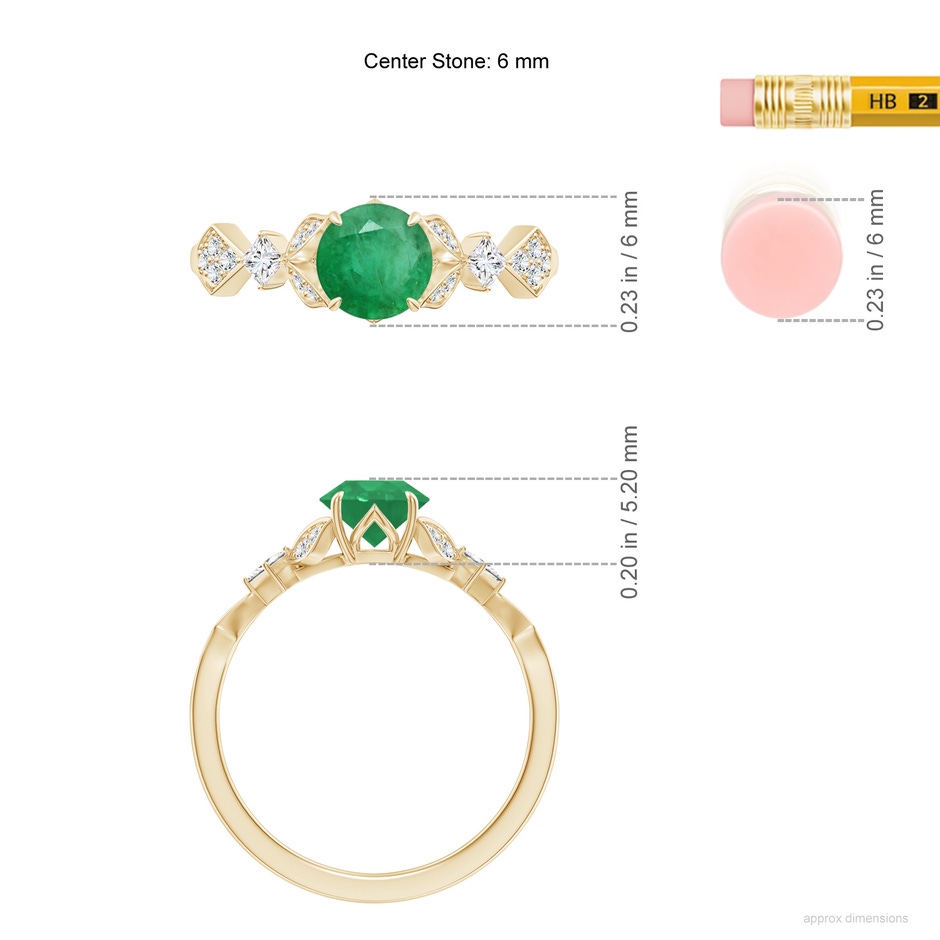 6mm A Vintage Style Round Emerald Engagement Ring with Leaf Motifs in Yellow Gold ruler