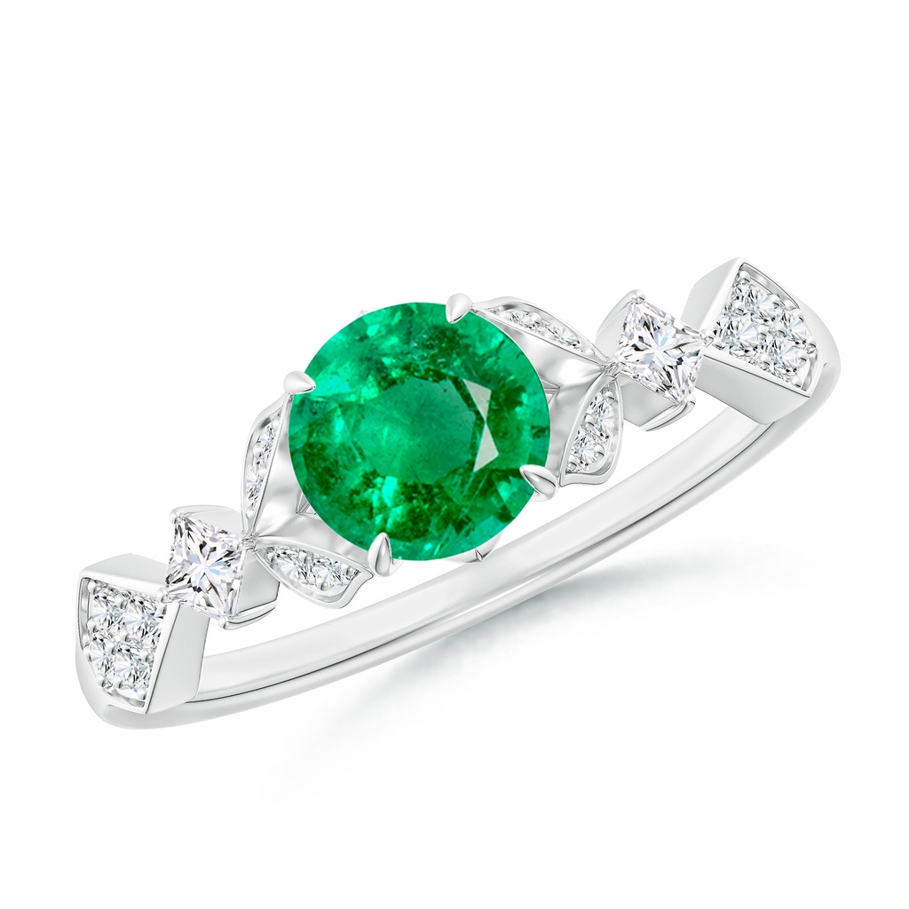 6mm AAA Vintage Style Round Emerald Engagement Ring with Leaf Motifs in White Gold