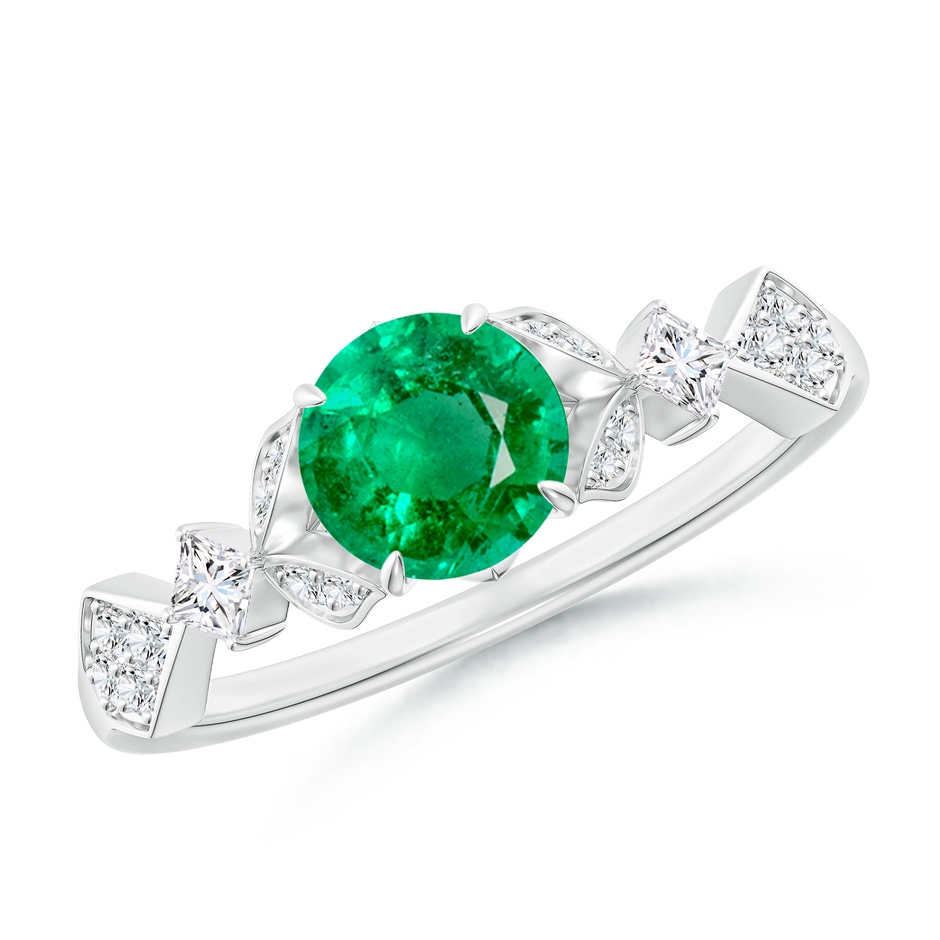 6mm AAA Vintage Style Round Emerald Engagement Ring with Leaf Motifs in White Gold 