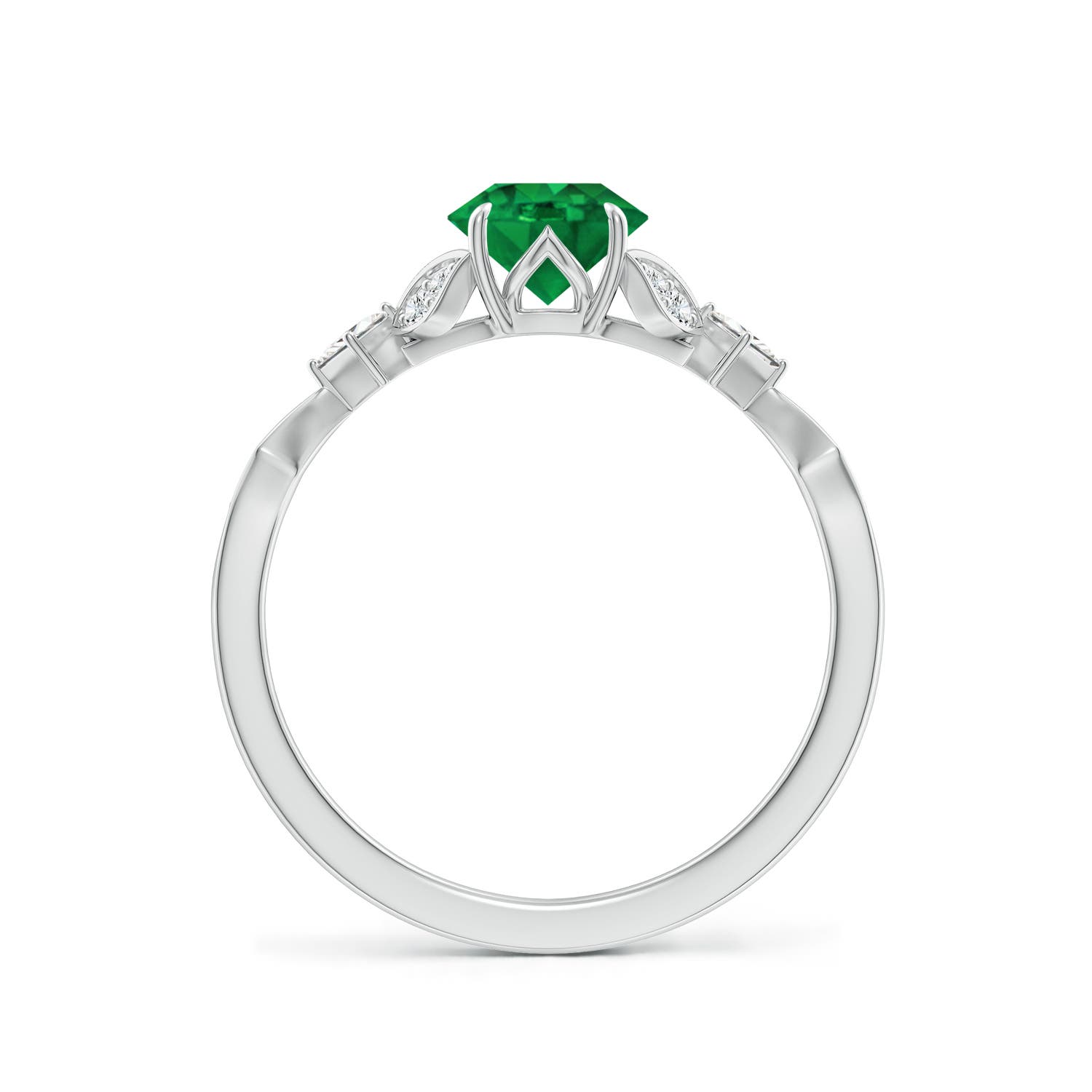 6mm AAA Vintage Style Round Emerald Engagement Ring with Leaf Motifs in White Gold - side 2