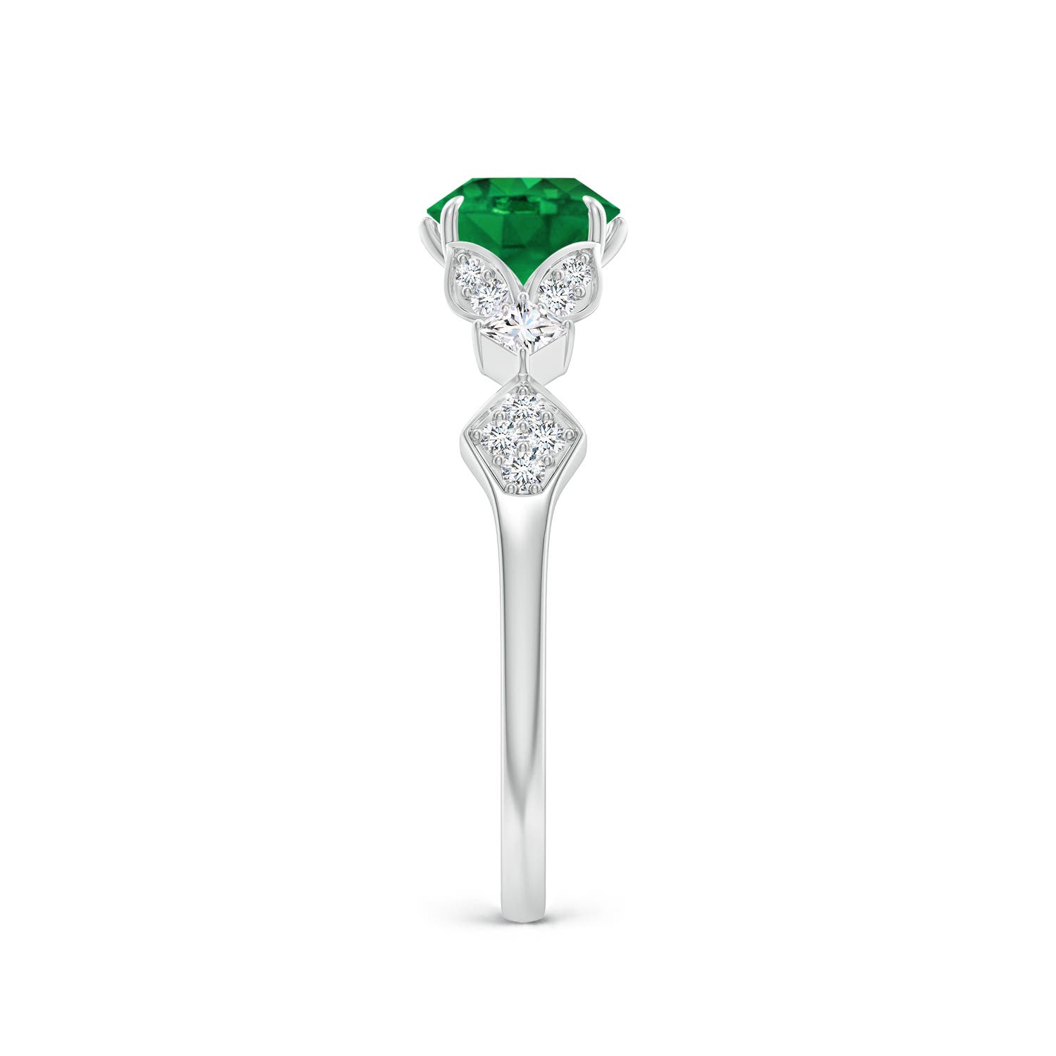 6mm AAA Vintage Style Round Emerald Engagement Ring with Leaf Motifs in White Gold - side 3