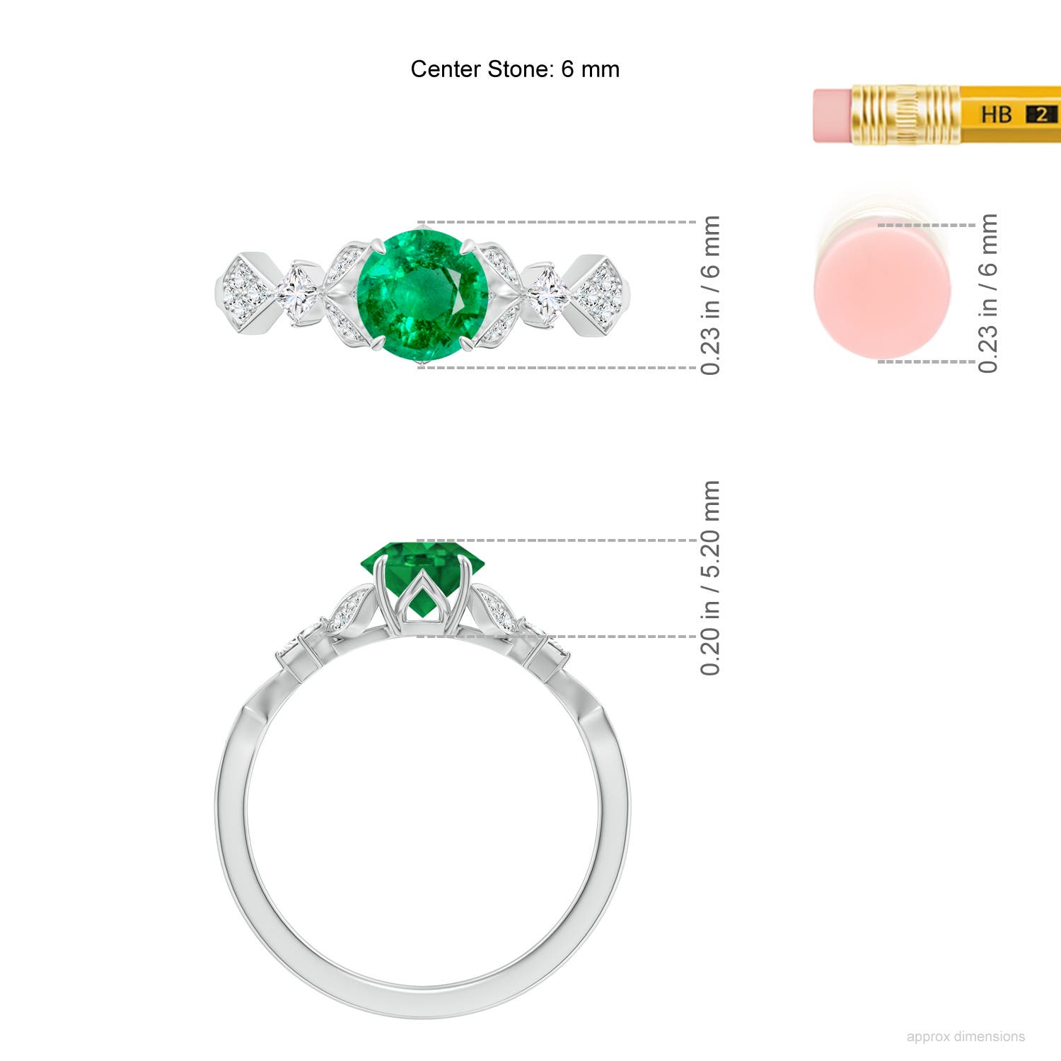 6mm AAA Vintage Style Round Emerald Engagement Ring with Leaf Motifs in White Gold - ruler