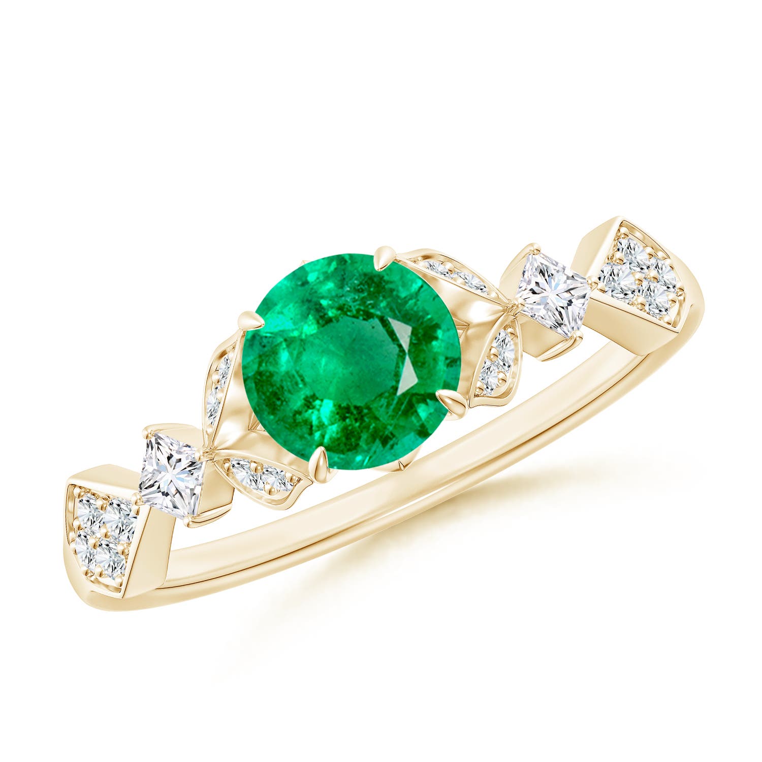 6mm AAA Vintage Style Round Emerald Engagement Ring with Leaf Motifs in Yellow Gold