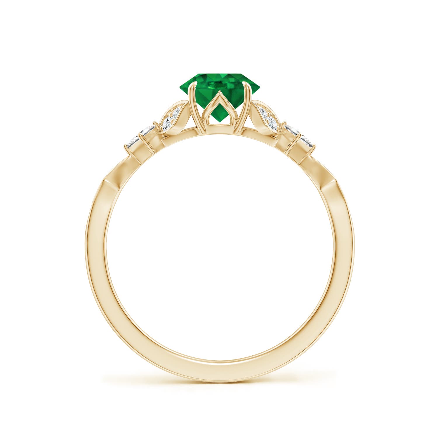 6mm AAA Vintage Style Round Emerald Engagement Ring with Leaf Motifs in Yellow Gold