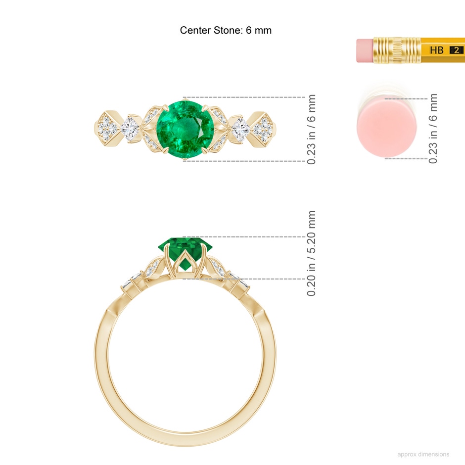 6mm AAA Vintage Style Round Emerald Engagement Ring with Leaf Motifs in Yellow Gold ruler