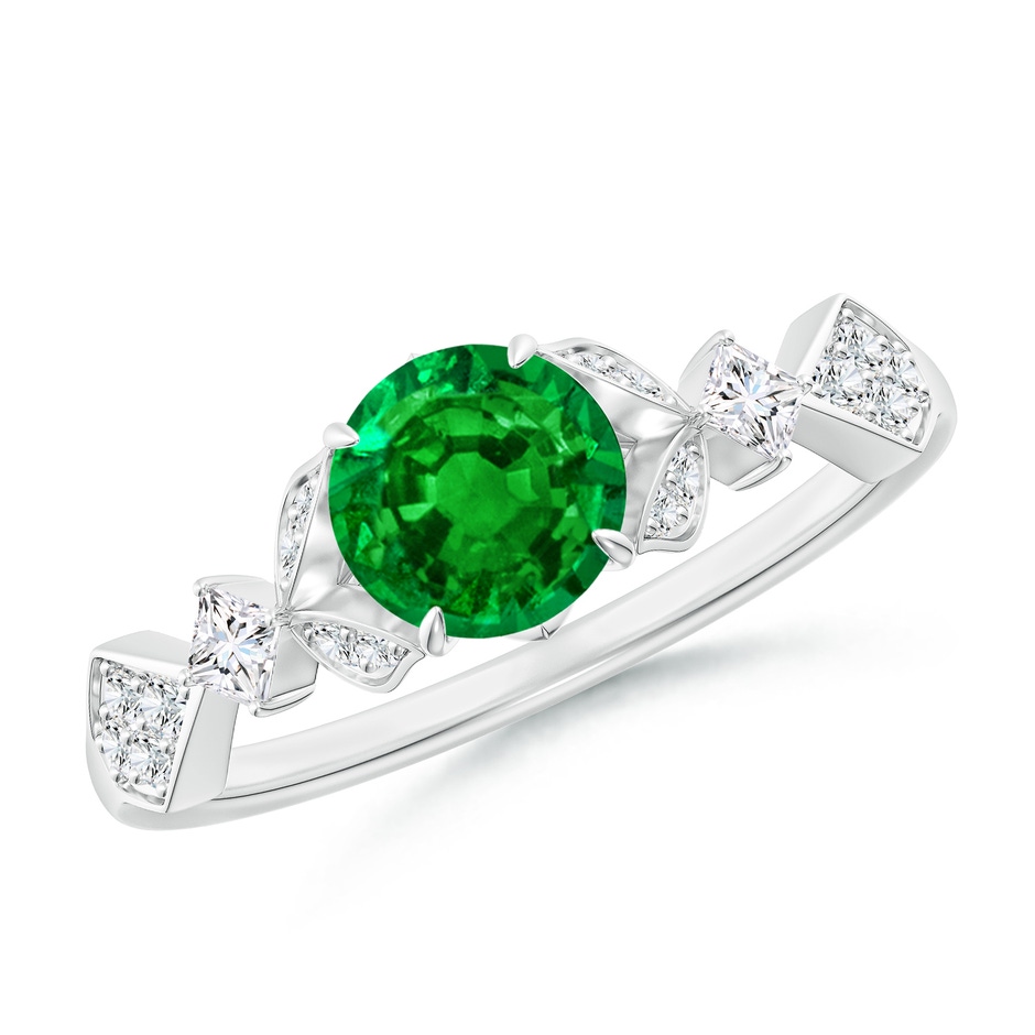 6mm AAAA Vintage Style Round Emerald Engagement Ring with Leaf Motifs in White Gold 