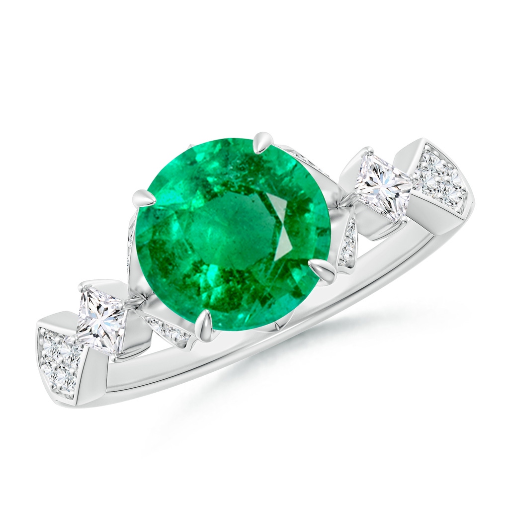 8mm AAA Vintage Style Round Emerald Engagement Ring with Leaf Motifs in White Gold