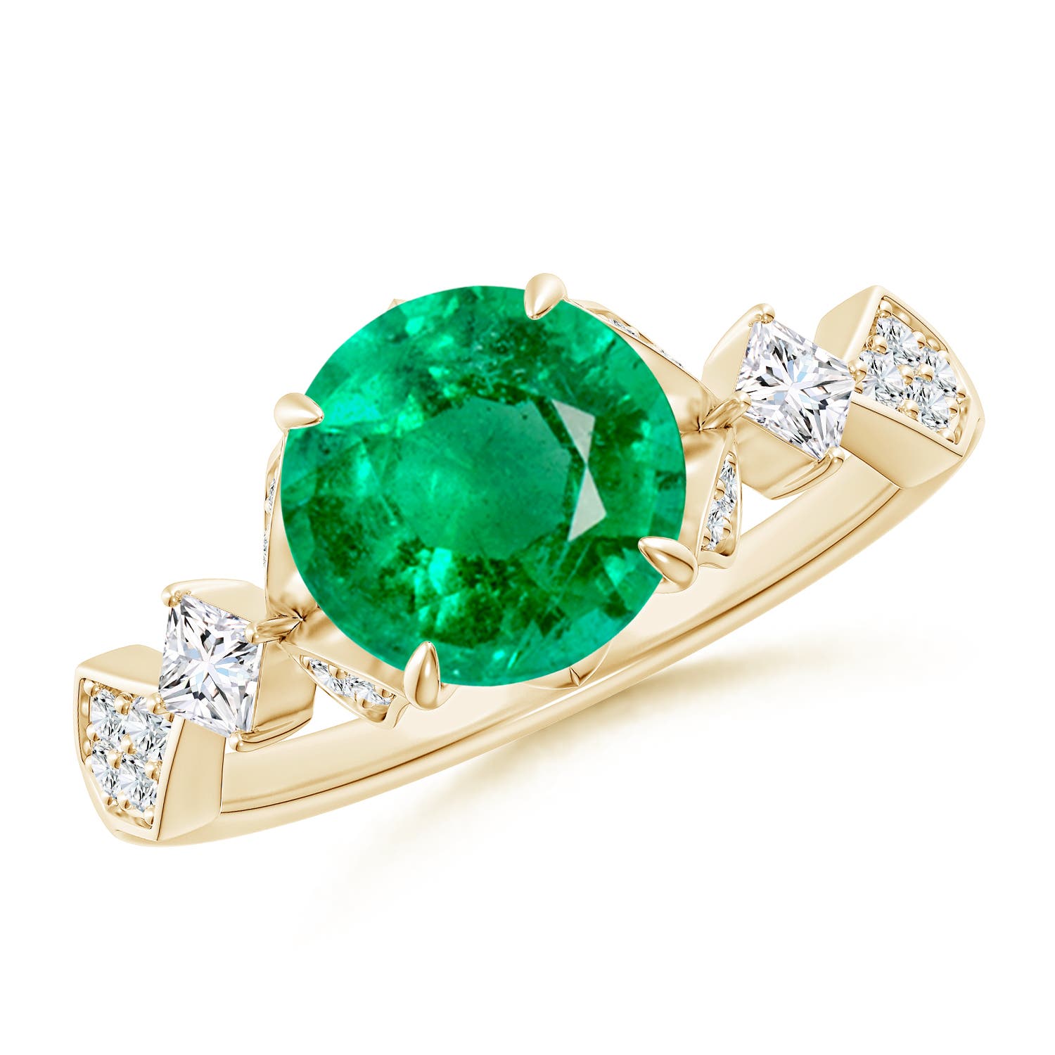 8mm AAA Vintage Style Round Emerald Engagement Ring with Leaf Motifs in Yellow Gold