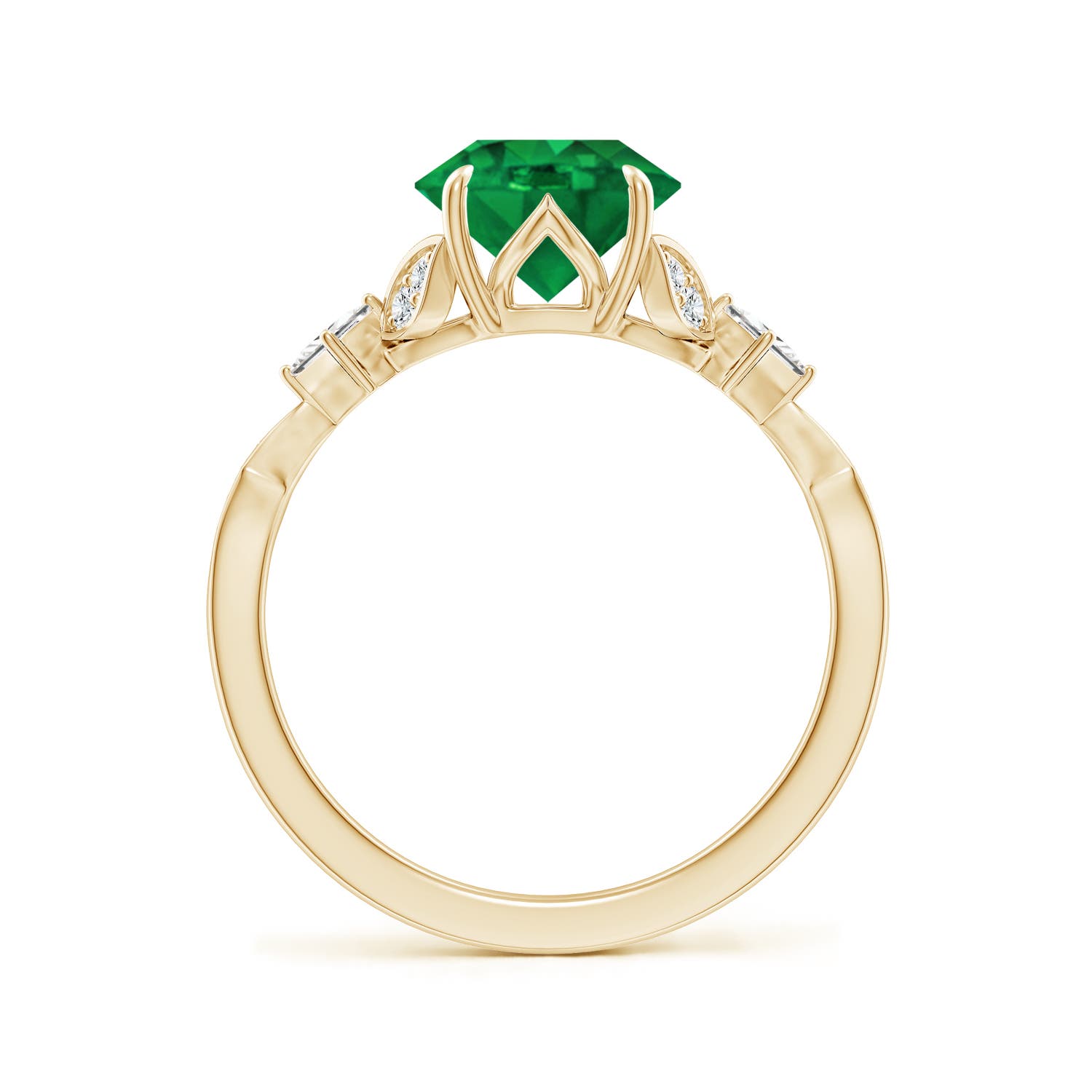 8mm AAA Vintage Style Round Emerald Engagement Ring with Leaf Motifs in Yellow Gold
