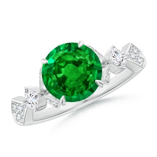 8mm AAAA Vintage Style Round Emerald Engagement Ring with Leaf Motifs in P950 Platinum