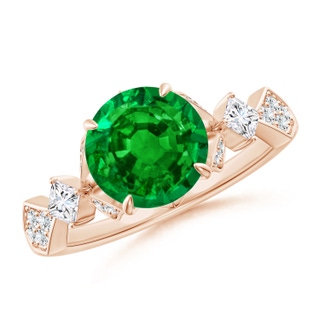 8mm AAAA Vintage Style Round Emerald Engagement Ring with Leaf Motifs in Rose Gold