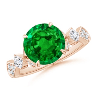 9mm AAAA Vintage Style Round Emerald Engagement Ring with Leaf Motifs in Rose Gold