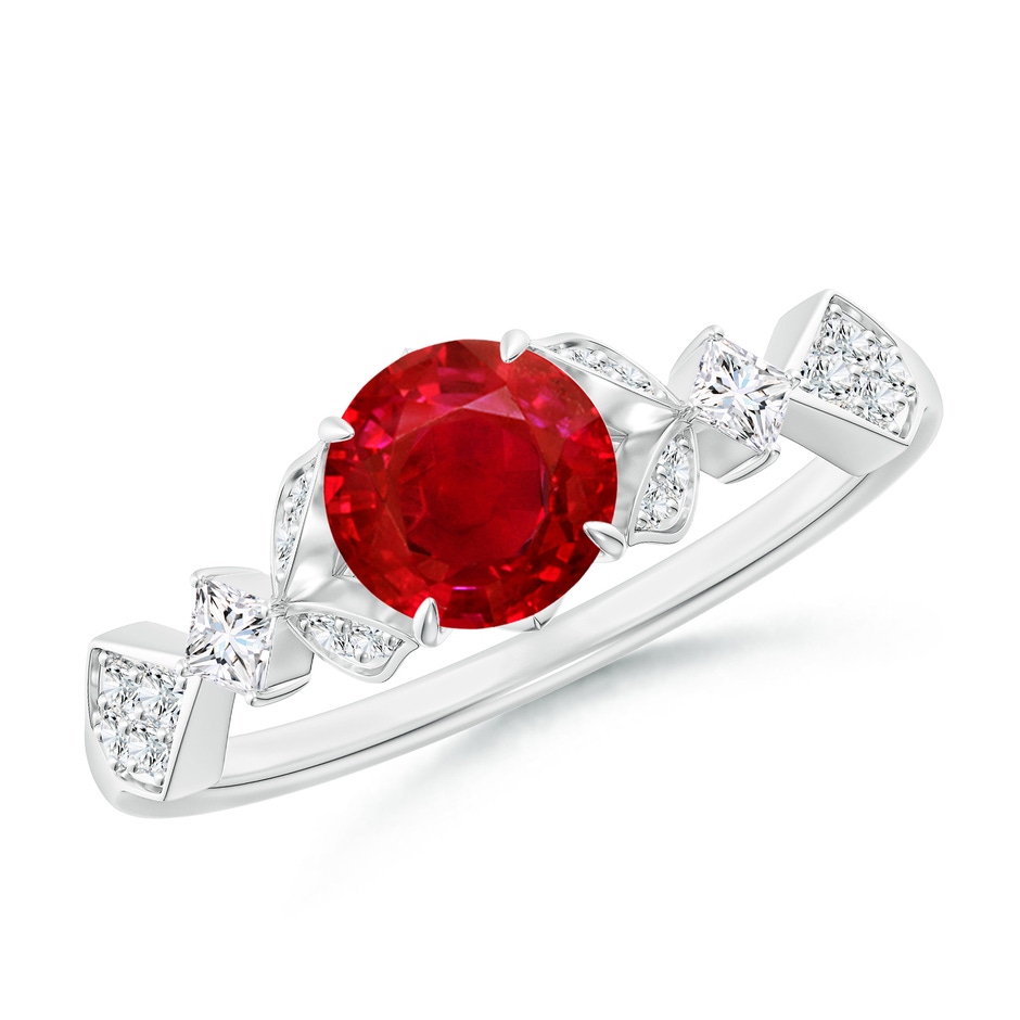 6mm AAA Vintage Style Round Ruby Engagement Ring with Leaf Motifs in White Gold 