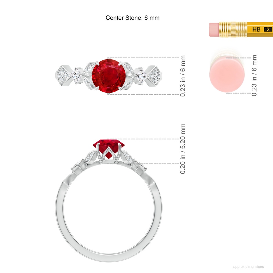 6mm AAA Vintage Style Round Ruby Engagement Ring with Leaf Motifs in White Gold ruler