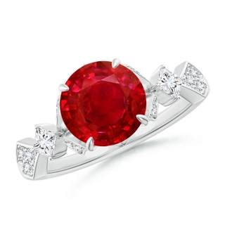 8mm AAA Vintage Style Round Ruby Engagement Ring with Leaf Motifs in P950 Platinum