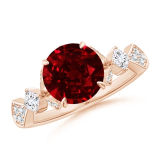 8mm AAAA Vintage Style Round Ruby Engagement Ring with Leaf Motifs in Rose Gold