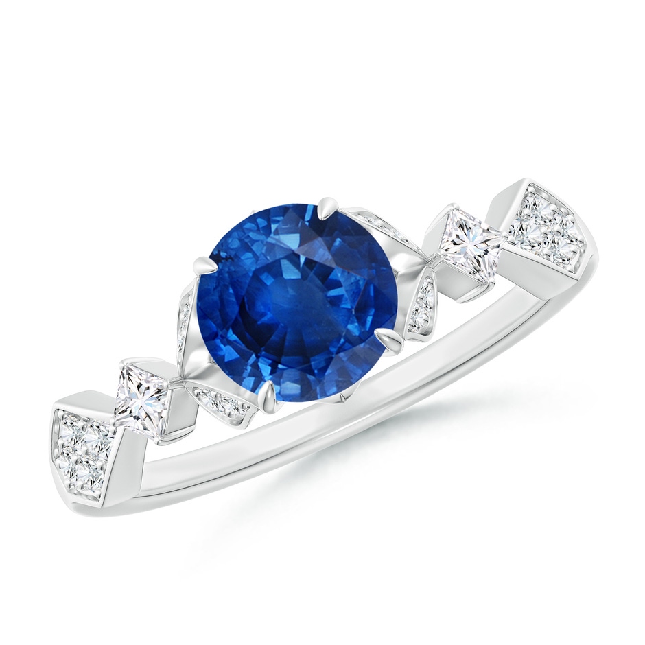 6.5mm AAA Vintage Style Round Blue Sapphire Engagement Ring with Leaf Motifs in White Gold 