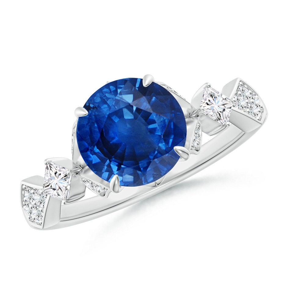 8mm AAA Vintage Style Round Blue Sapphire Engagement Ring with Leaf Motifs in White Gold 