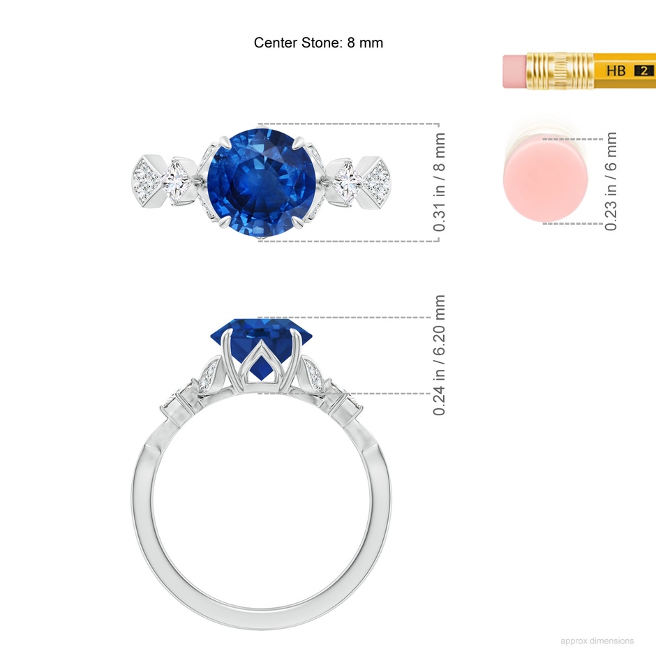 8mm AAA Vintage Style Round Blue Sapphire Engagement Ring with Leaf Motifs in White Gold ruler