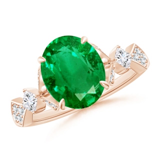 10x8mm AAA Vintage Style Oval Emerald Engagement Ring with Leaf Motifs in 10K Rose Gold