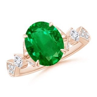 10x8mm AAAA Vintage Style Oval Emerald Engagement Ring with Leaf Motifs in Rose Gold