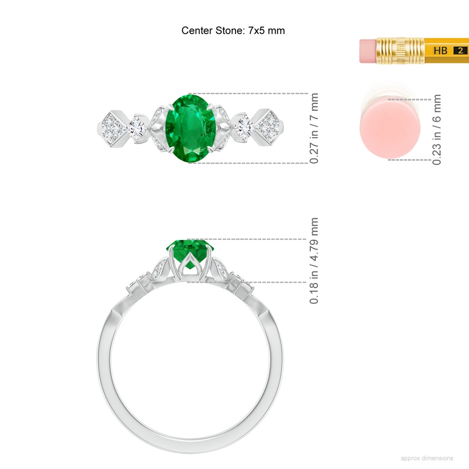 7x5mm AAA Vintage Style Oval Emerald Engagement Ring with Leaf Motifs in White Gold ruler