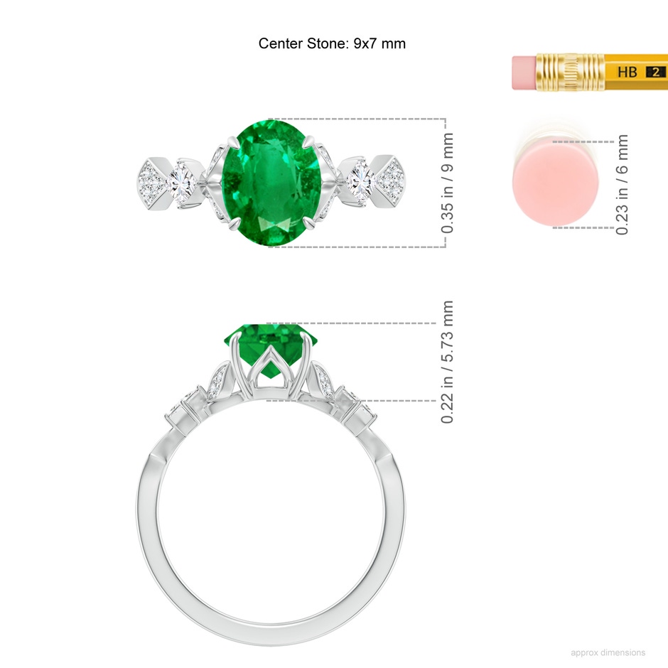 9x7mm AAA Vintage Style Oval Emerald Engagement Ring with Leaf Motifs in White Gold ruler