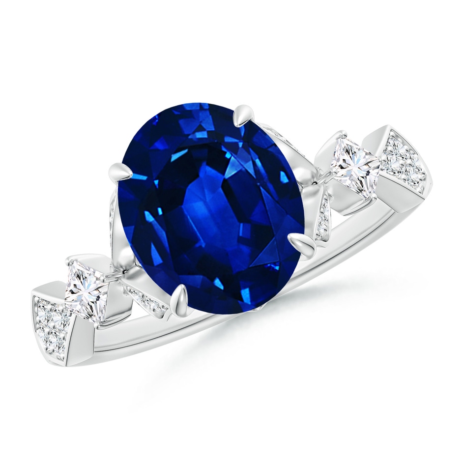 10x8mm Lab-Grown Vintage Style Oval Blue Sapphire Engagement Ring with Leaf Motifs in White Gold 