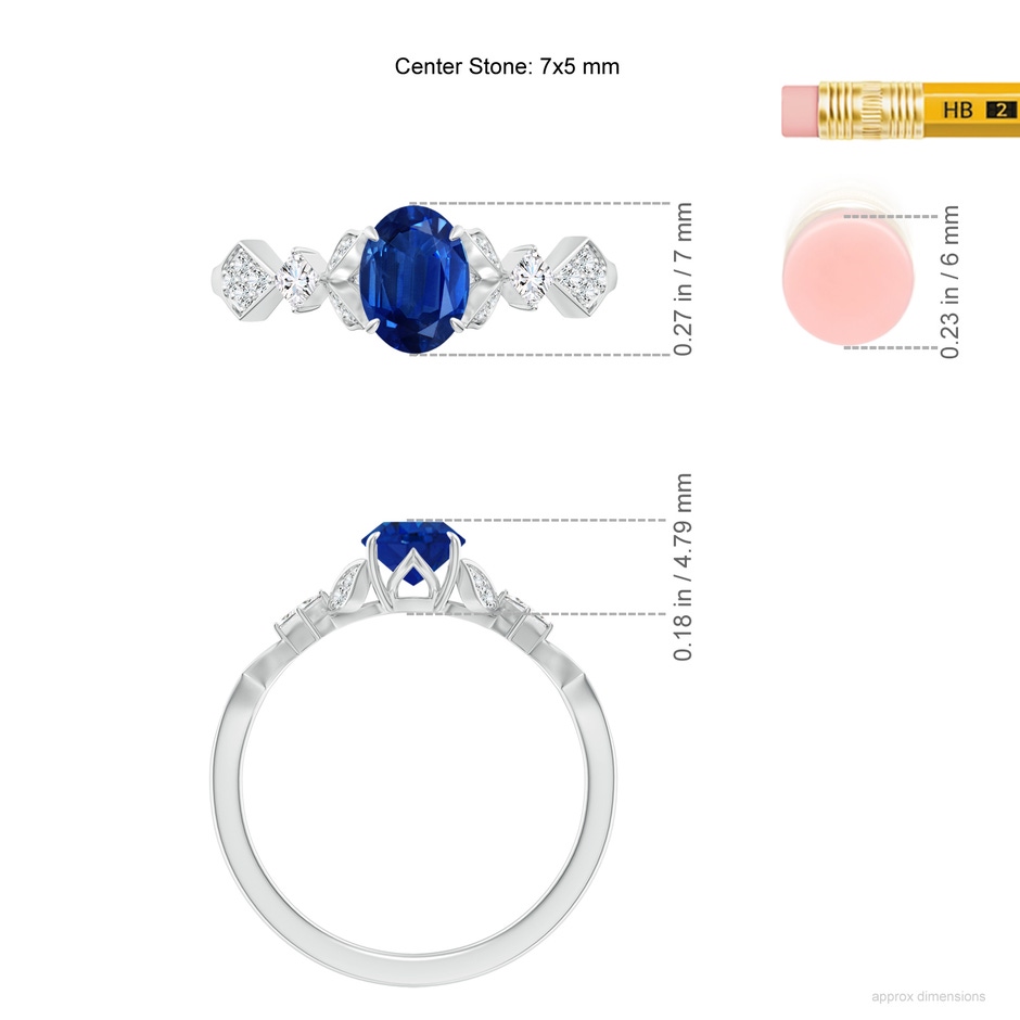 7x5mm AAA Vintage Style Oval Blue Sapphire Engagement Ring with Leaf Motifs in P950 Platinum ruler