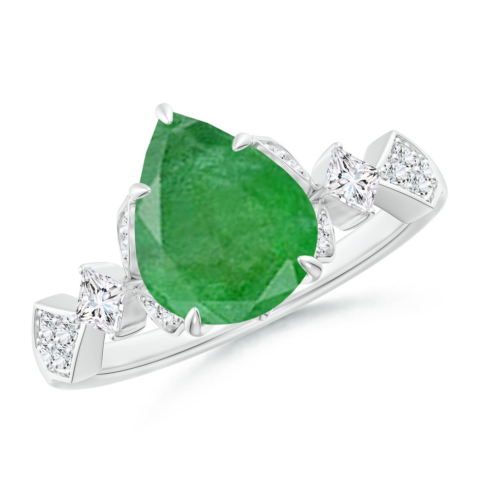 10x8mm A Vintage Style Pear Emerald Engagement Ring with Leaf Motifs in White Gold 