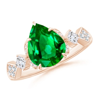 10x8mm AAAA Vintage Style Pear Emerald Engagement Ring with Leaf Motifs in 18K Rose Gold